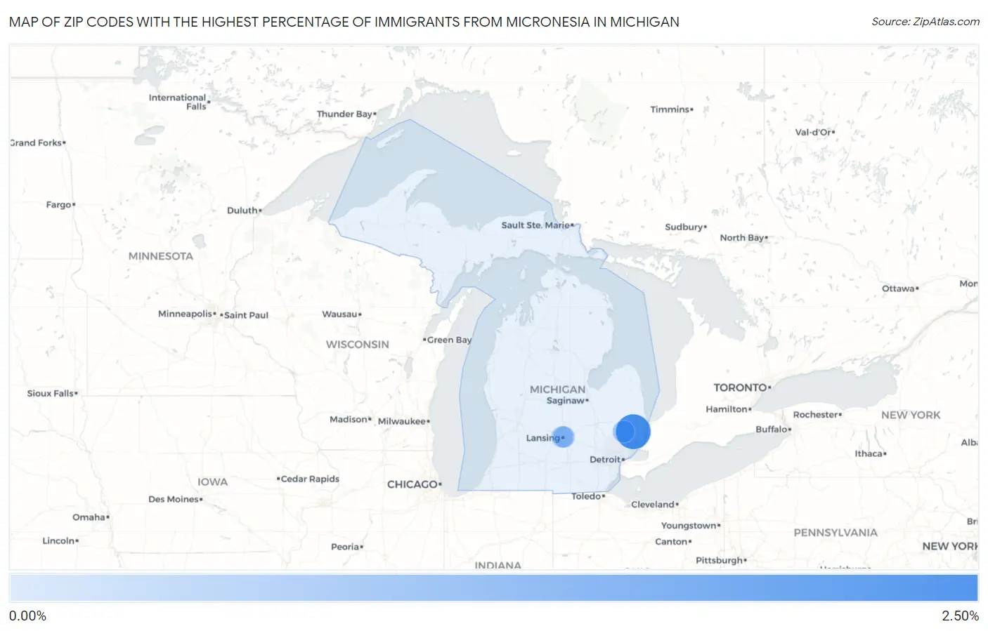Zip Codes with the Highest Percentage of Immigrants from Micronesia in Michigan Map