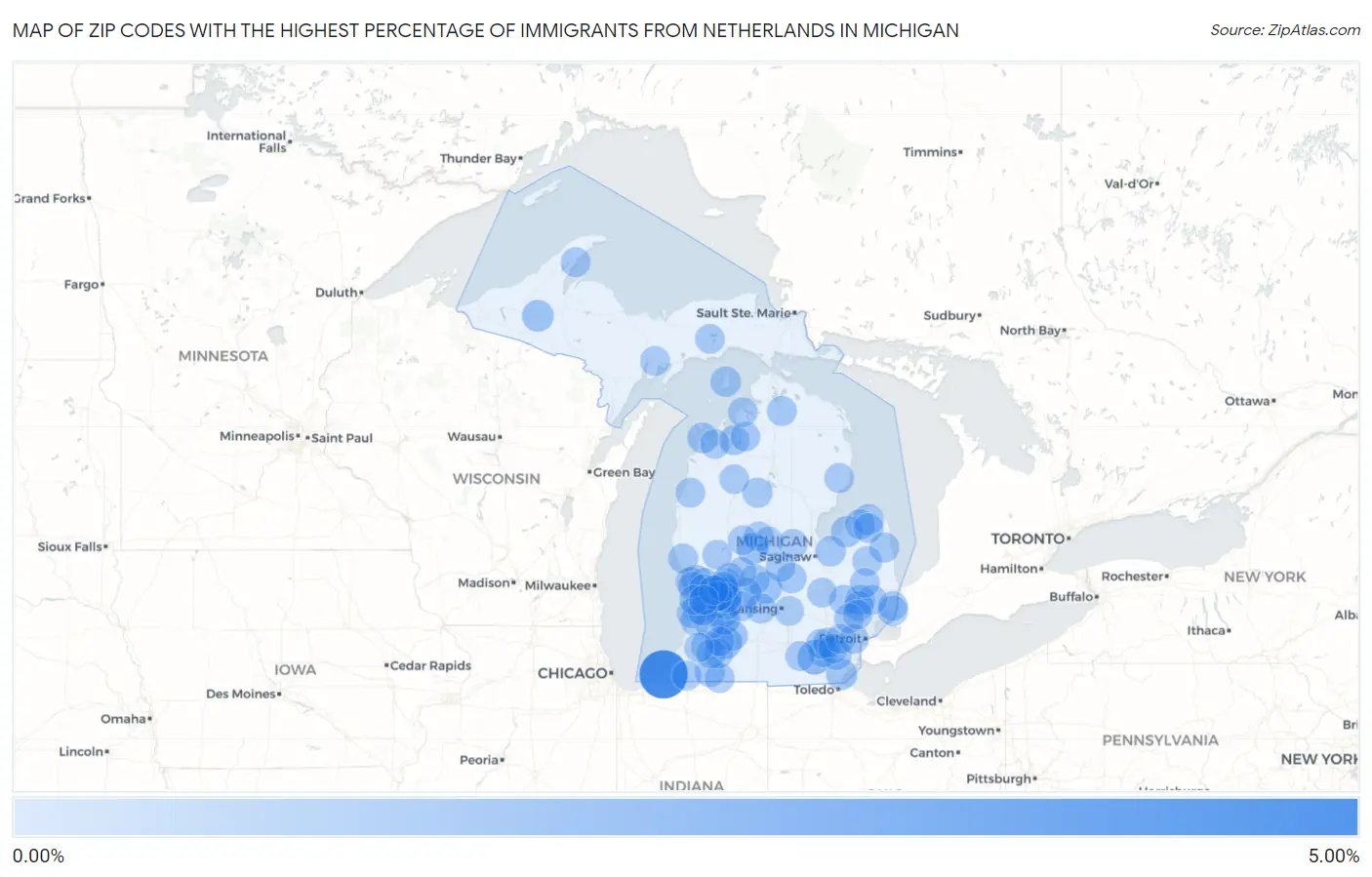 Zip Codes with the Highest Percentage of Immigrants from Netherlands in Michigan Map