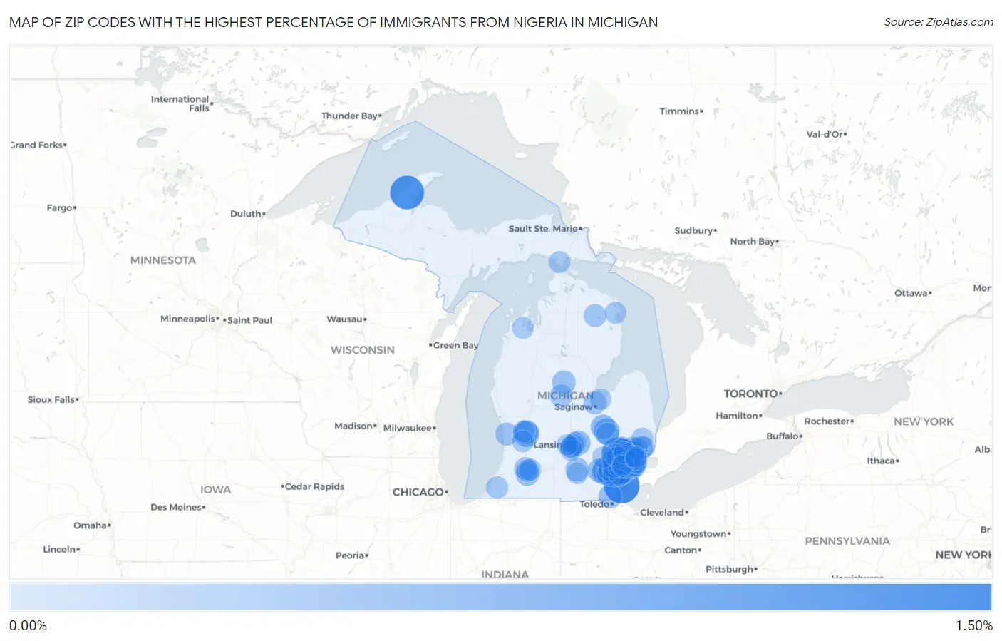 Zip Codes with the Highest Percentage of Immigrants from Nigeria in Michigan Map