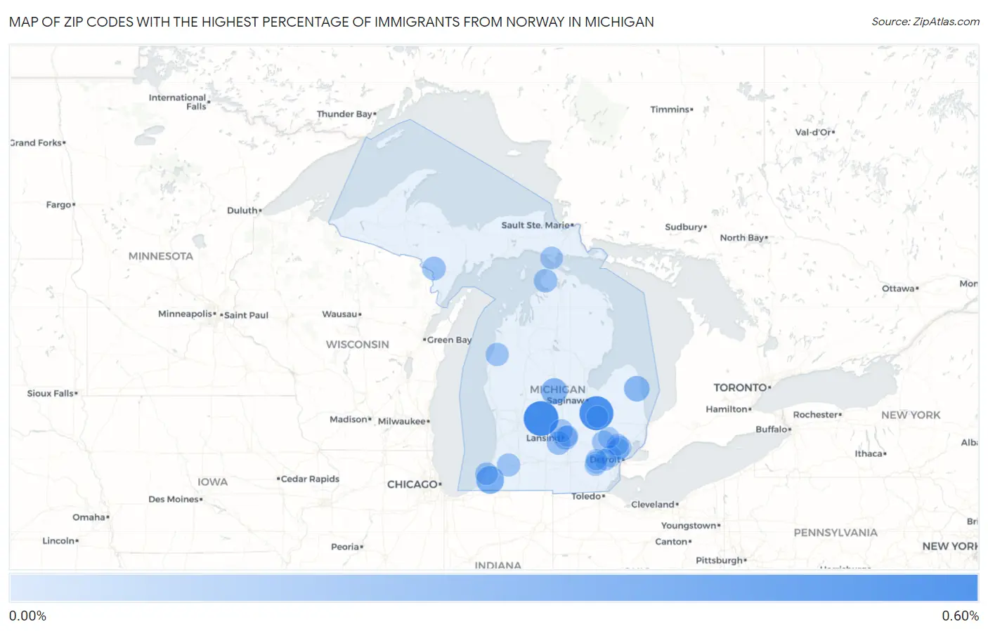 Zip Codes with the Highest Percentage of Immigrants from Norway in Michigan Map