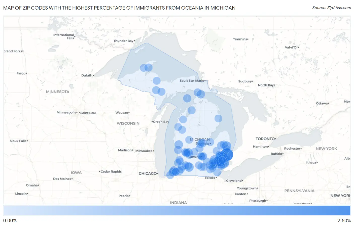 Zip Codes with the Highest Percentage of Immigrants from Oceania in Michigan Map