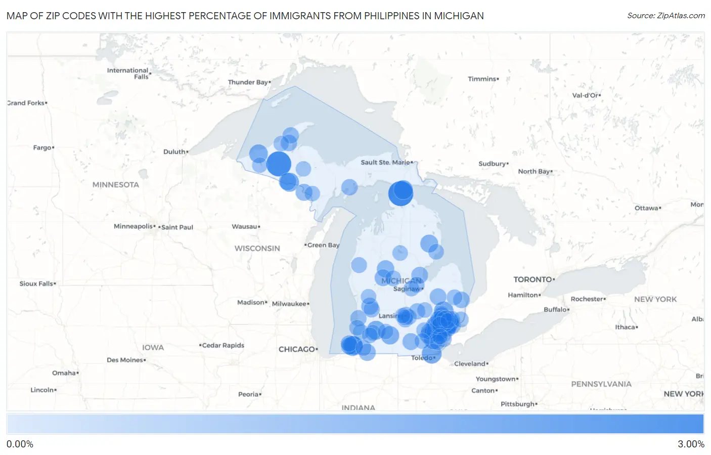 Zip Codes with the Highest Percentage of Immigrants from Philippines in Michigan Map