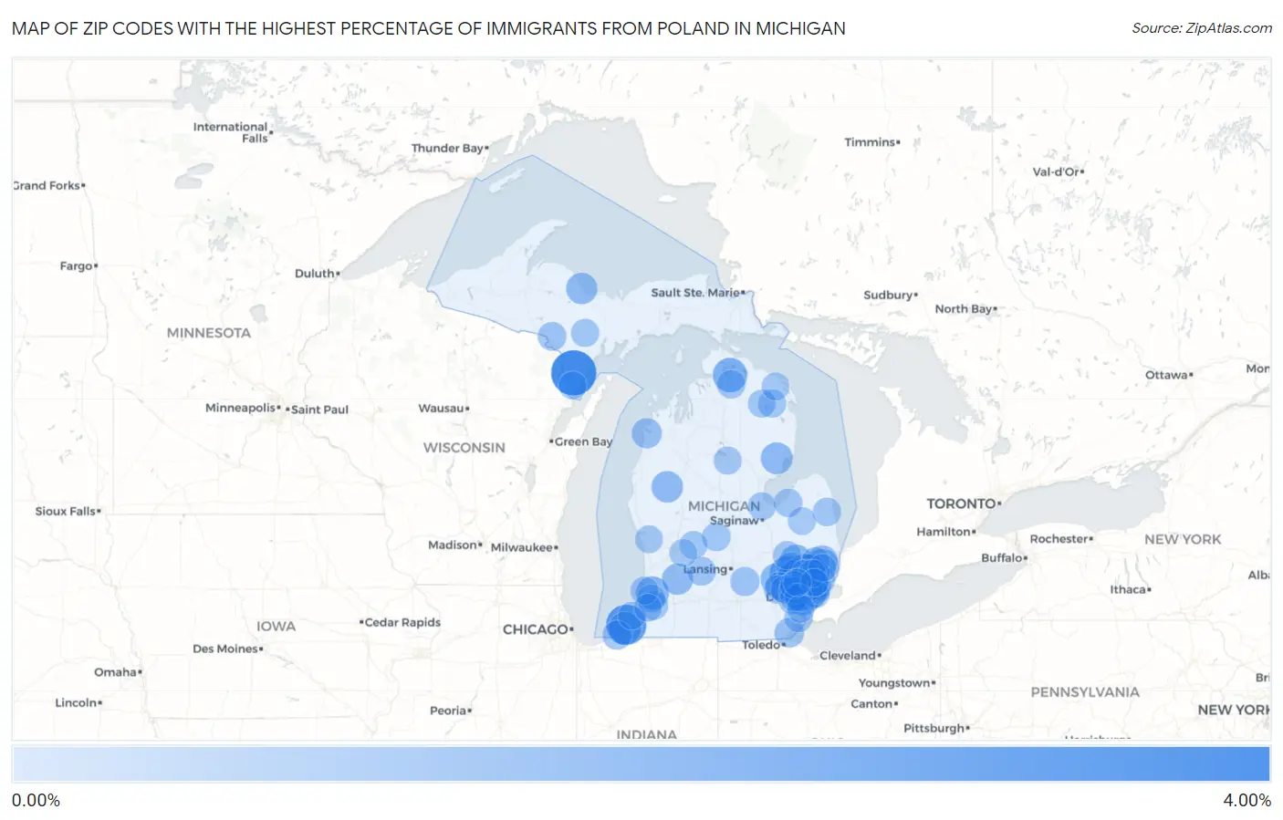 Zip Codes with the Highest Percentage of Immigrants from Poland in Michigan Map