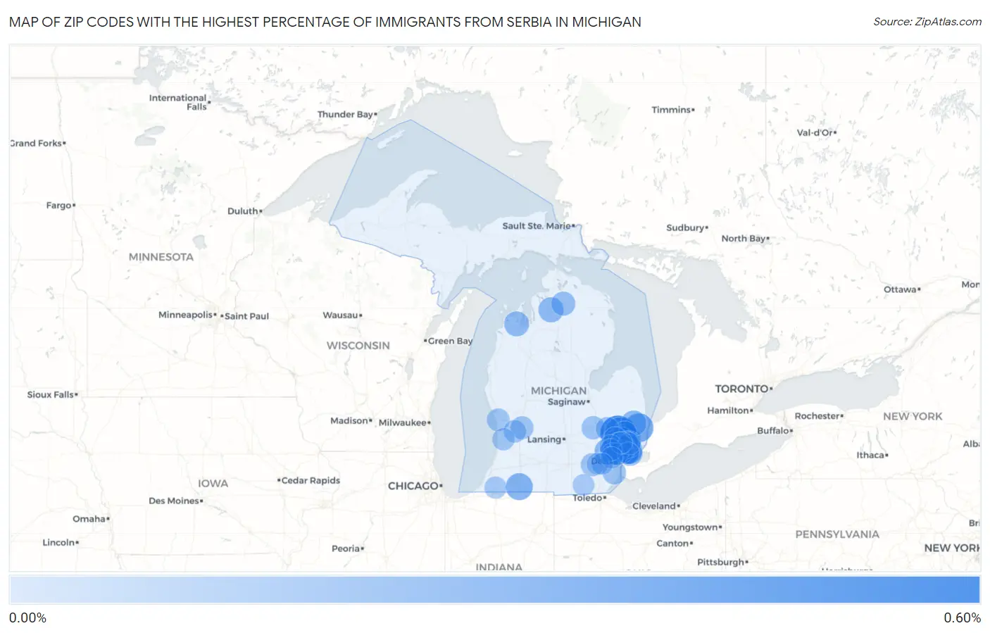 Zip Codes with the Highest Percentage of Immigrants from Serbia in Michigan Map