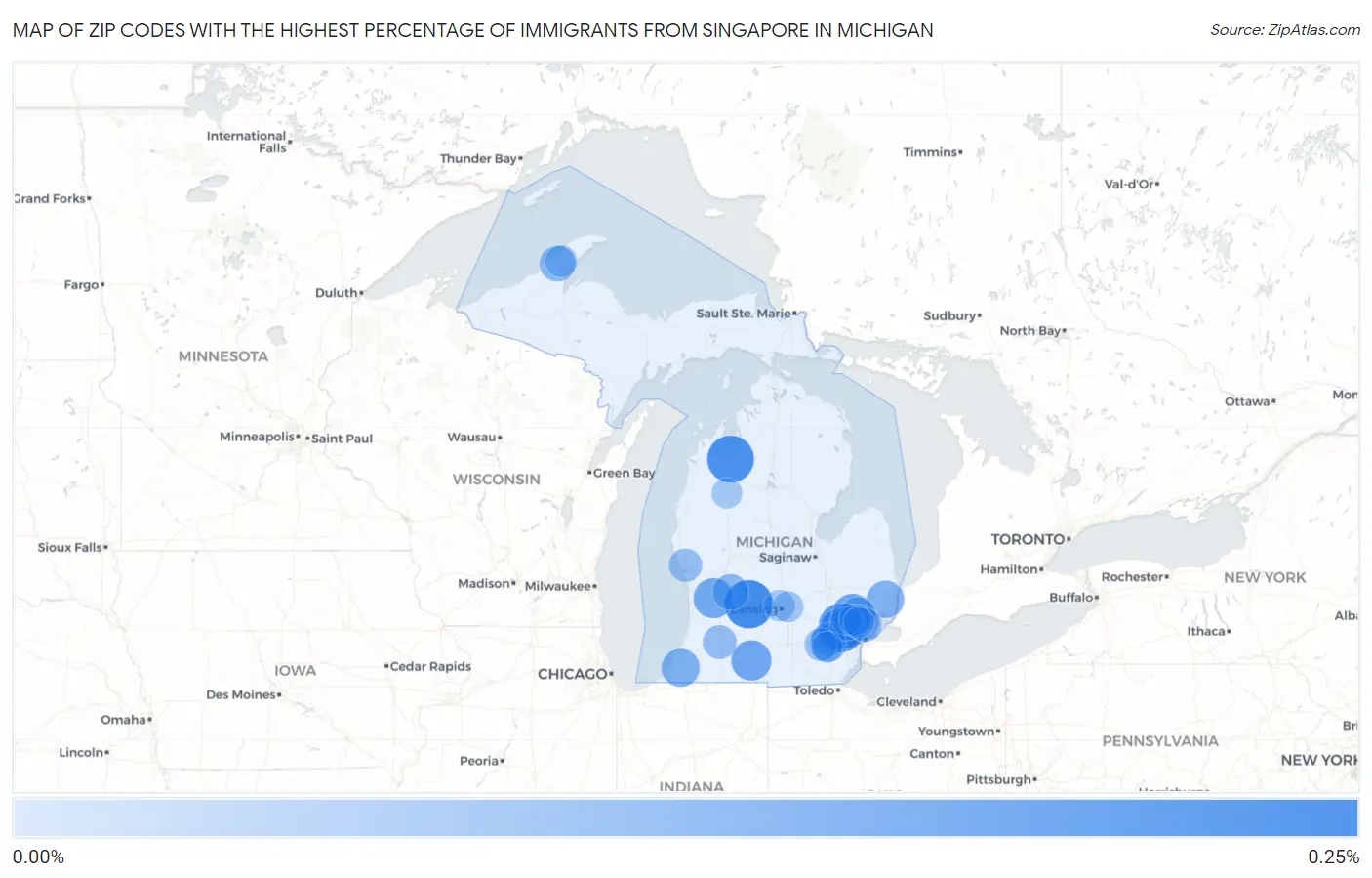 Zip Codes with the Highest Percentage of Immigrants from Singapore in Michigan Map