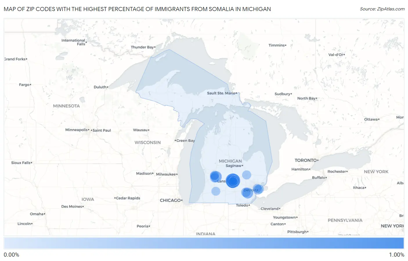 Zip Codes with the Highest Percentage of Immigrants from Somalia in Michigan Map