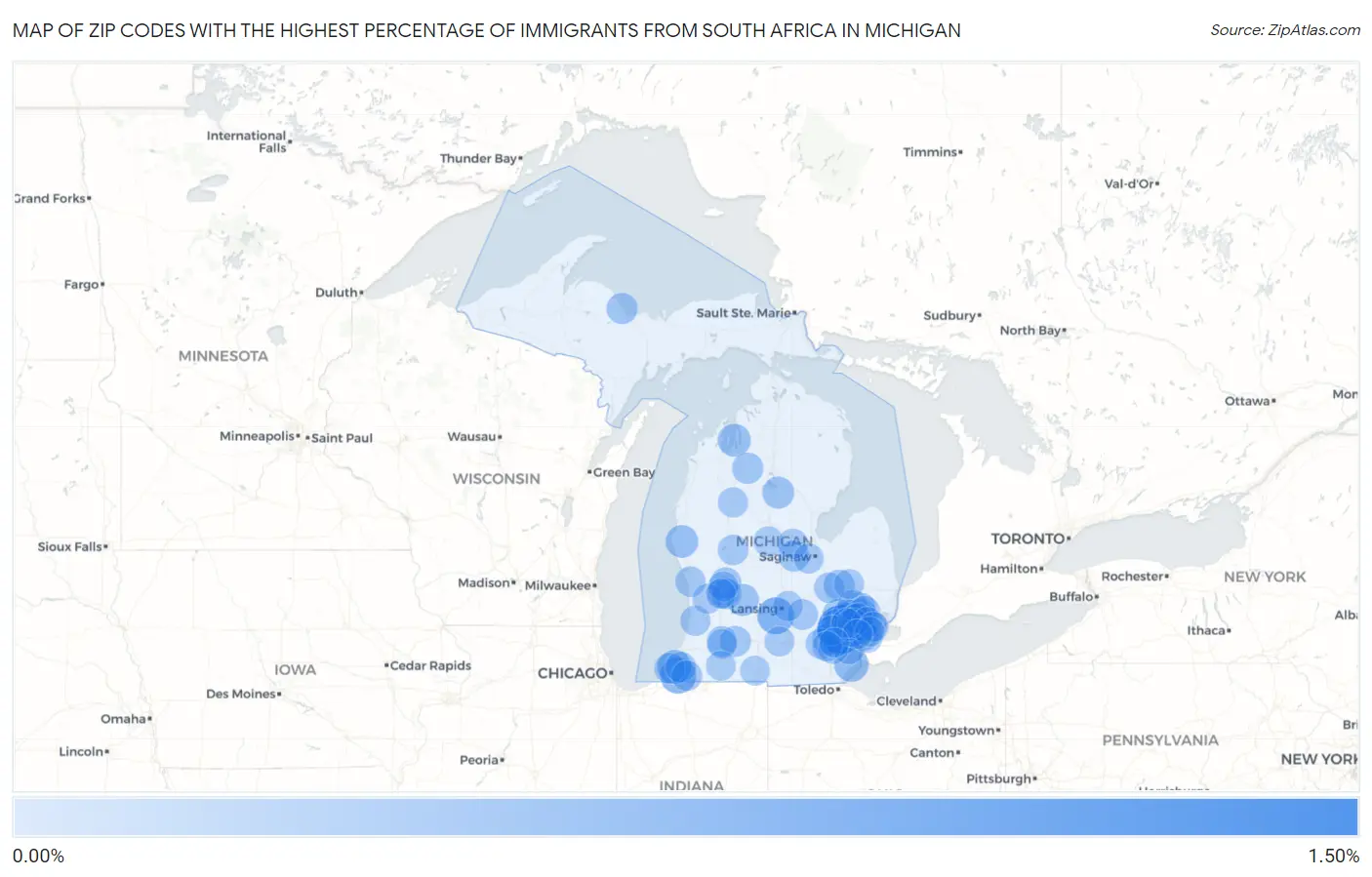 Zip Codes with the Highest Percentage of Immigrants from South Africa in Michigan Map