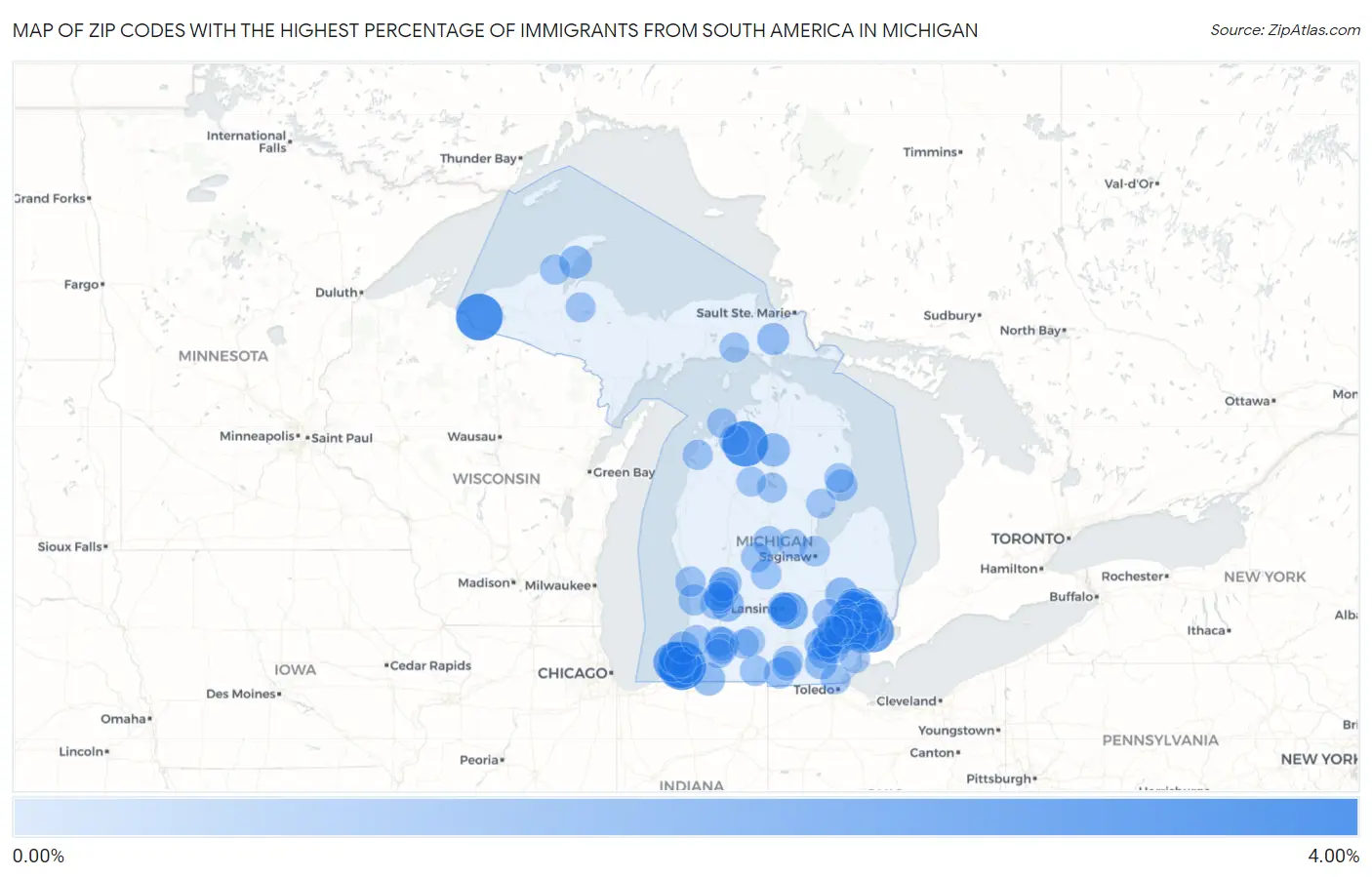 Zip Codes with the Highest Percentage of Immigrants from South America in Michigan Map
