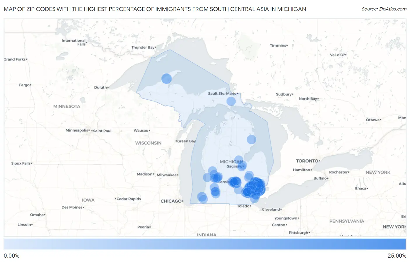 Zip Codes with the Highest Percentage of Immigrants from South Central Asia in Michigan Map