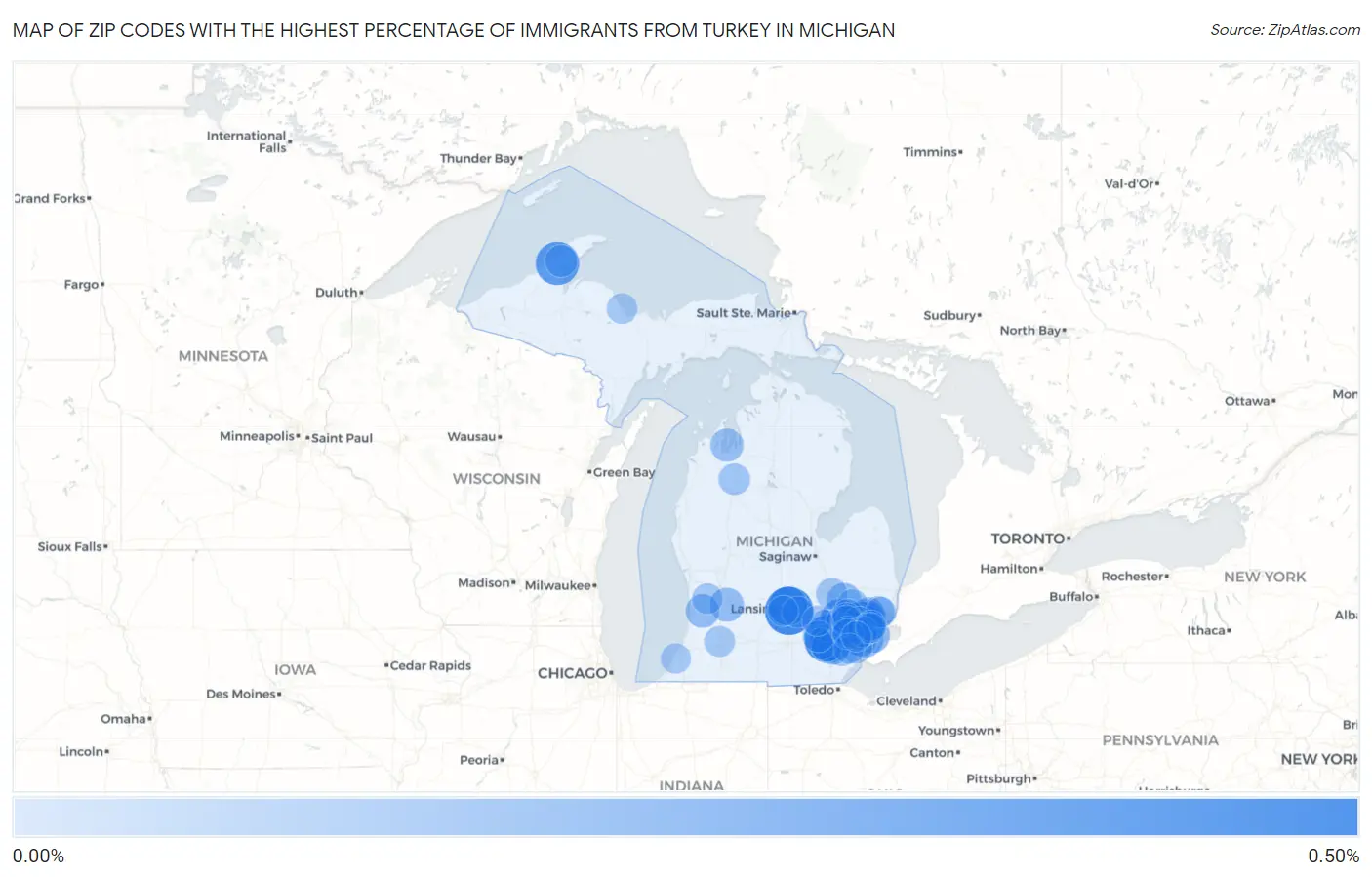 Zip Codes with the Highest Percentage of Immigrants from Turkey in Michigan Map