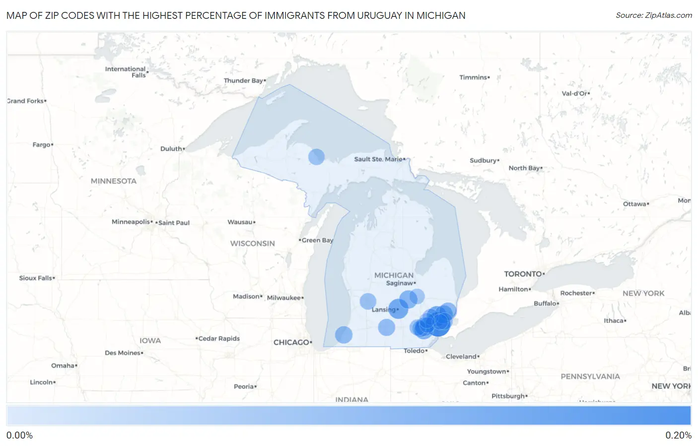 Zip Codes with the Highest Percentage of Immigrants from Uruguay in Michigan Map