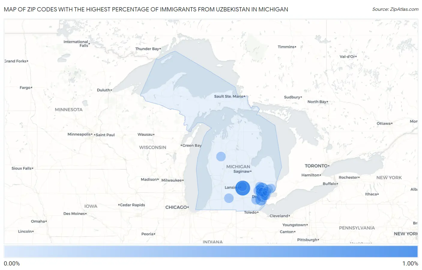 Zip Codes with the Highest Percentage of Immigrants from Uzbekistan in Michigan Map