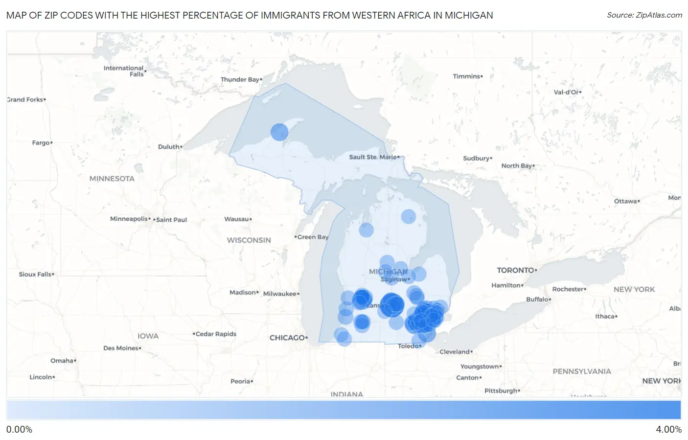 Zip Codes with the Highest Percentage of Immigrants from Western Africa in Michigan Map