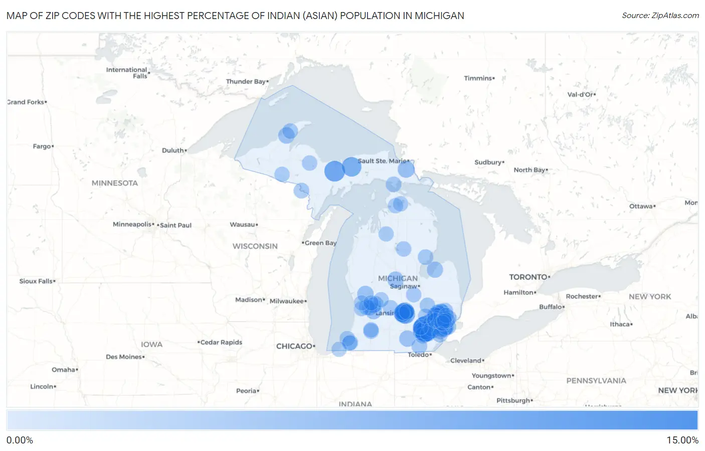 Zip Codes with the Highest Percentage of Indian (Asian) Population in Michigan Map