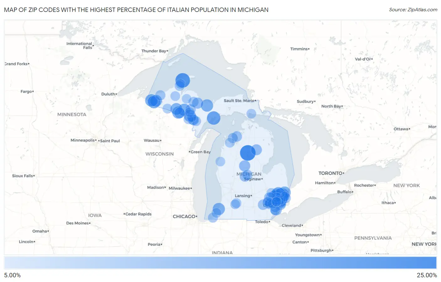 Zip Codes with the Highest Percentage of Italian Population in Michigan Map