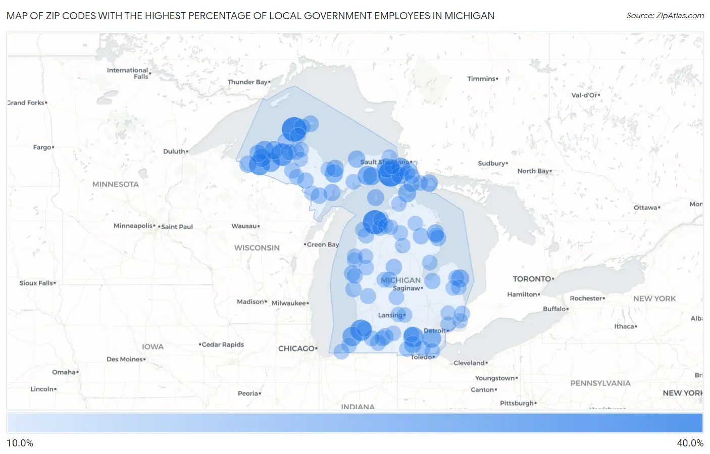 Zip Codes with the Highest Percentage of Local Government Employees in Michigan Map