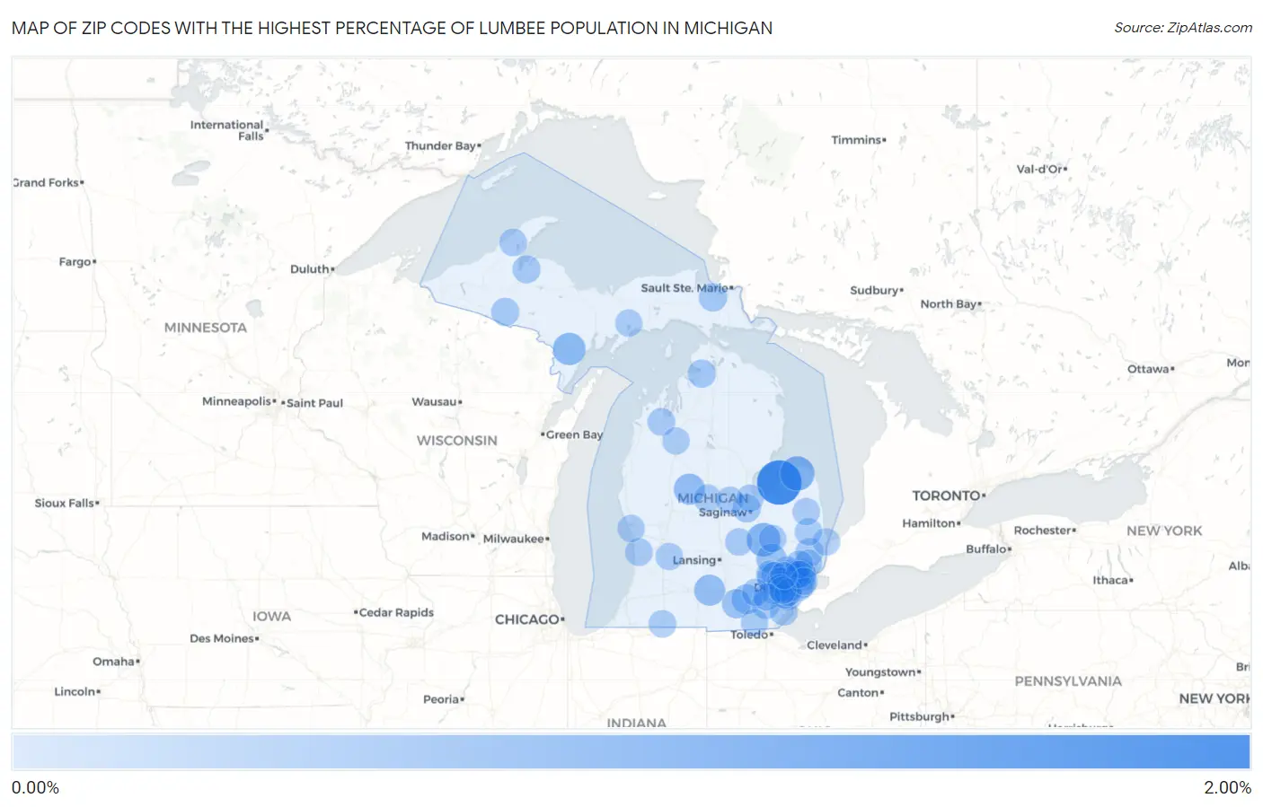 Zip Codes with the Highest Percentage of Lumbee Population in Michigan Map