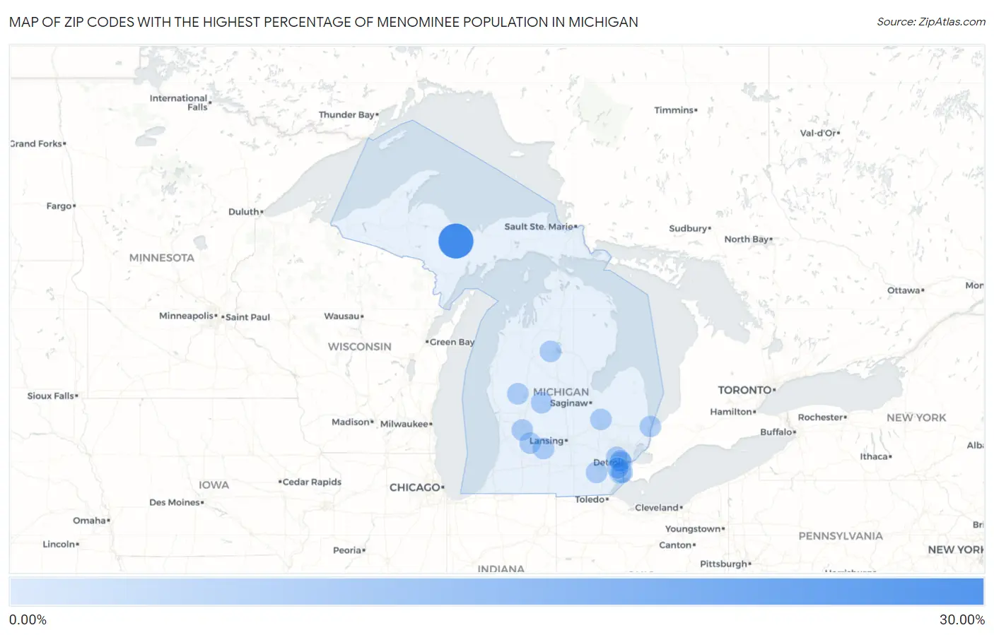 Zip Codes with the Highest Percentage of Menominee Population in Michigan Map