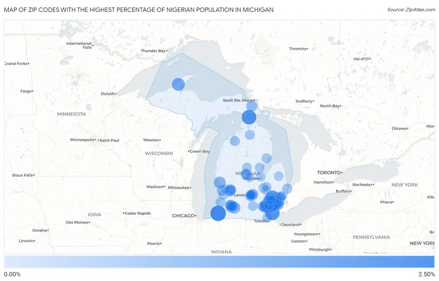 Zip Codes with the Highest Percentage of Nigerian Population in Michigan Map