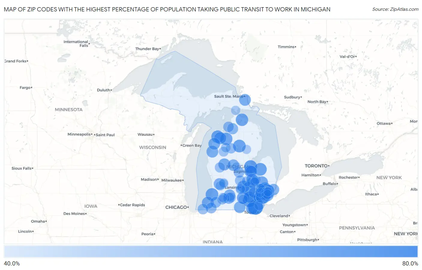 Zip Codes with the Highest Percentage of Population Taking Public Transit to Work in Michigan Map