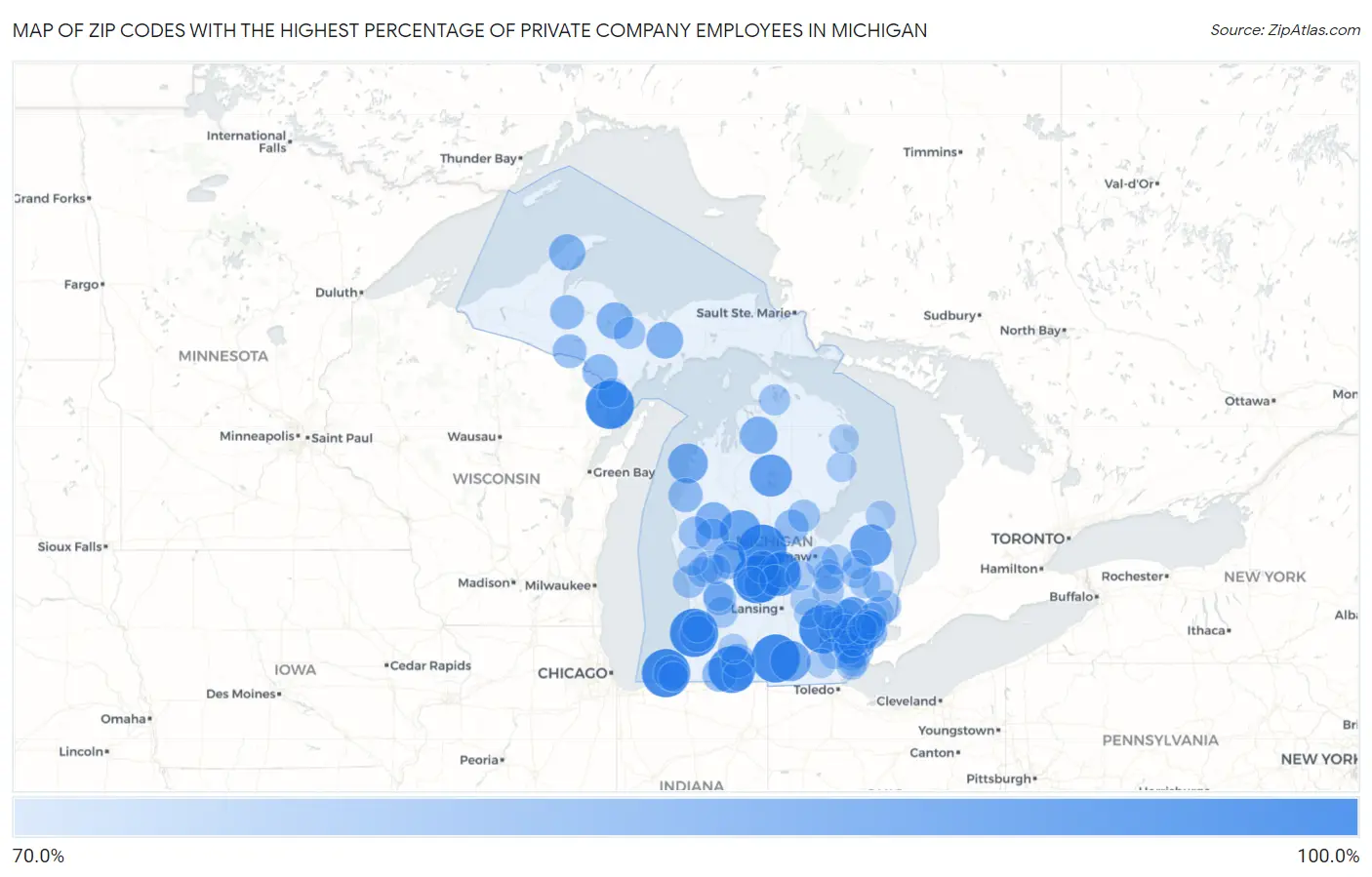 Zip Codes with the Highest Percentage of Private Company Employees in Michigan Map