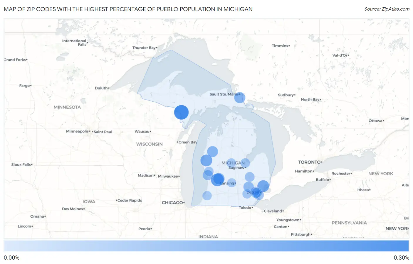 Zip Codes with the Highest Percentage of Pueblo Population in Michigan Map
