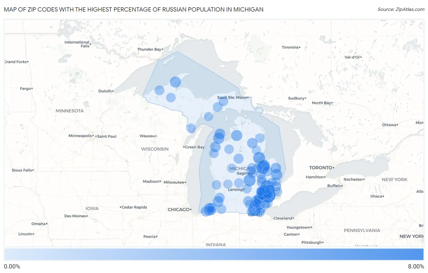 Zip Codes with the Highest Percentage of Russian Population in Michigan Map