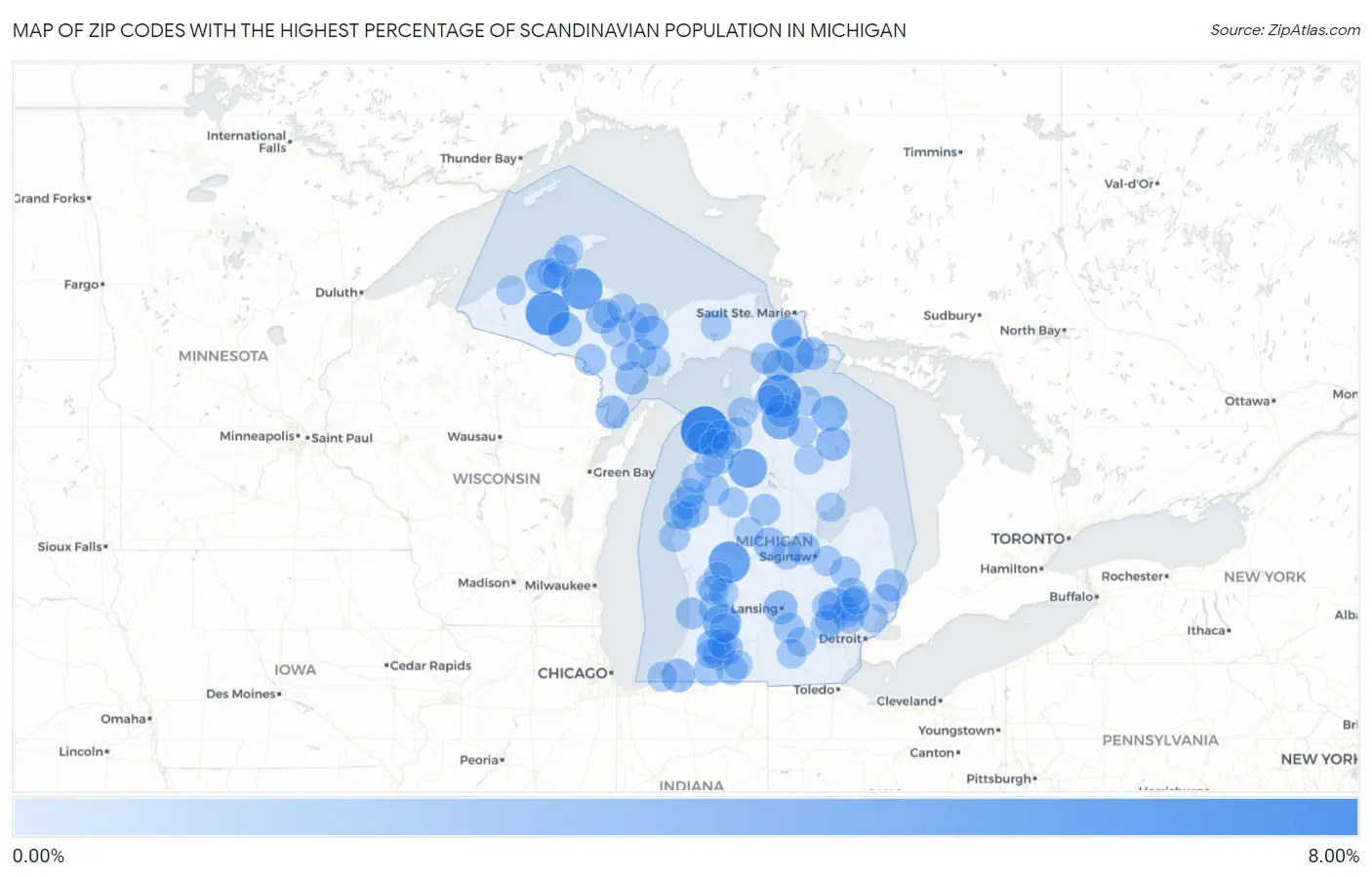 Zip Codes with the Highest Percentage of Scandinavian Population in Michigan Map