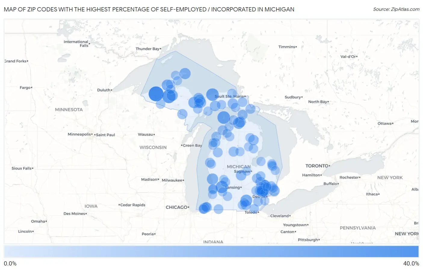 Zip Codes with the Highest Percentage of Self-Employed / Incorporated in Michigan Map