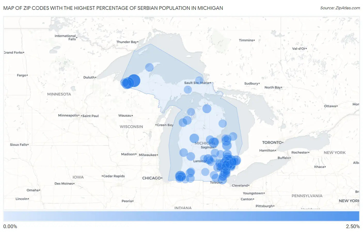 Zip Codes with the Highest Percentage of Serbian Population in Michigan Map