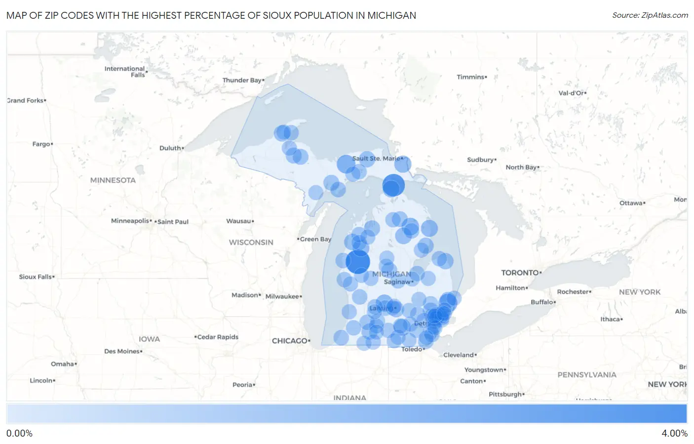 Zip Codes with the Highest Percentage of Sioux Population in Michigan Map