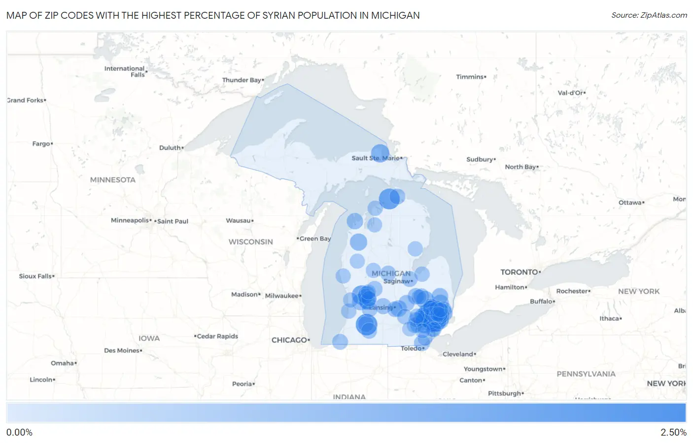Zip Codes with the Highest Percentage of Syrian Population in Michigan Map