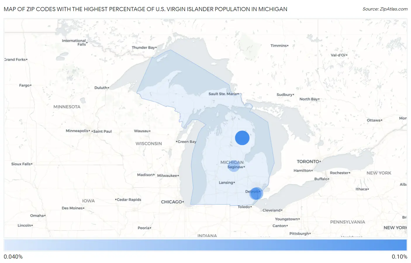 Zip Codes with the Highest Percentage of U.S. Virgin Islander Population in Michigan Map