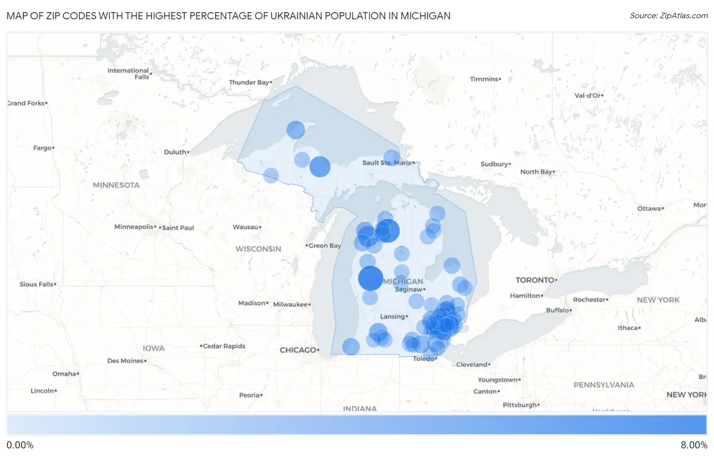 Zip Codes with the Highest Percentage of Ukrainian Population in Michigan Map