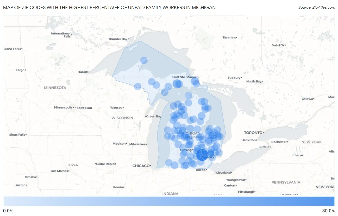 Zip Codes with the Highest Percentage of Unpaid Family Workers in Michigan Map