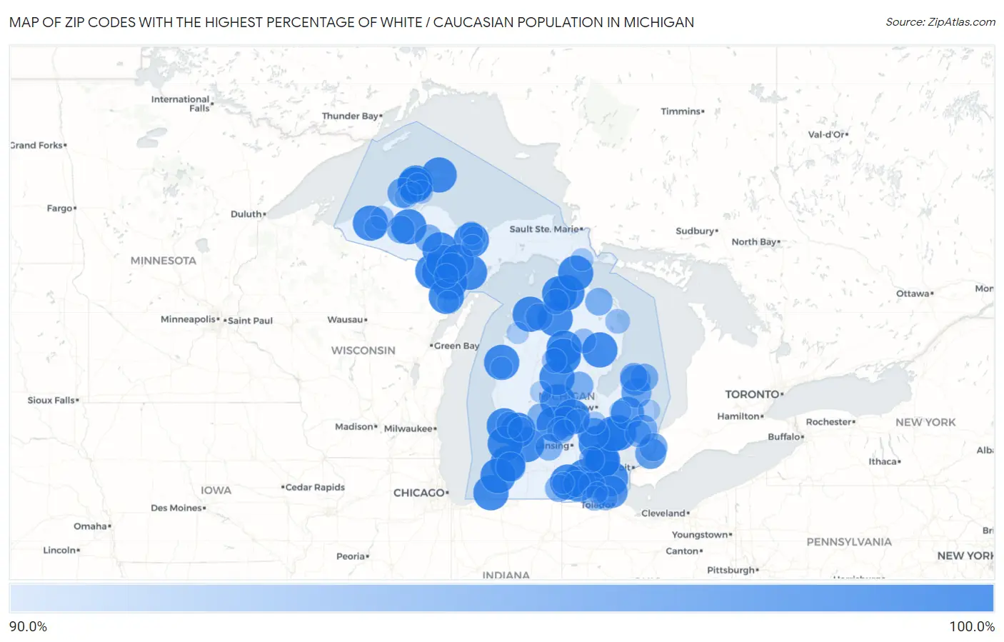 Zip Codes with the Highest Percentage of White / Caucasian Population in Michigan Map