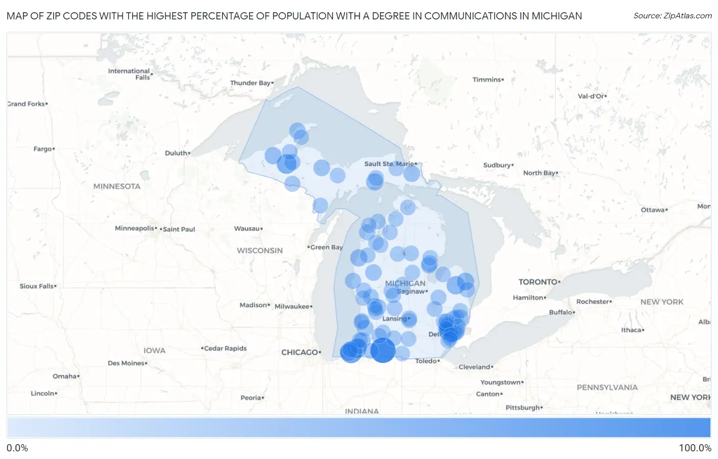Zip Codes with the Highest Percentage of Population with a Degree in Communications in Michigan Map