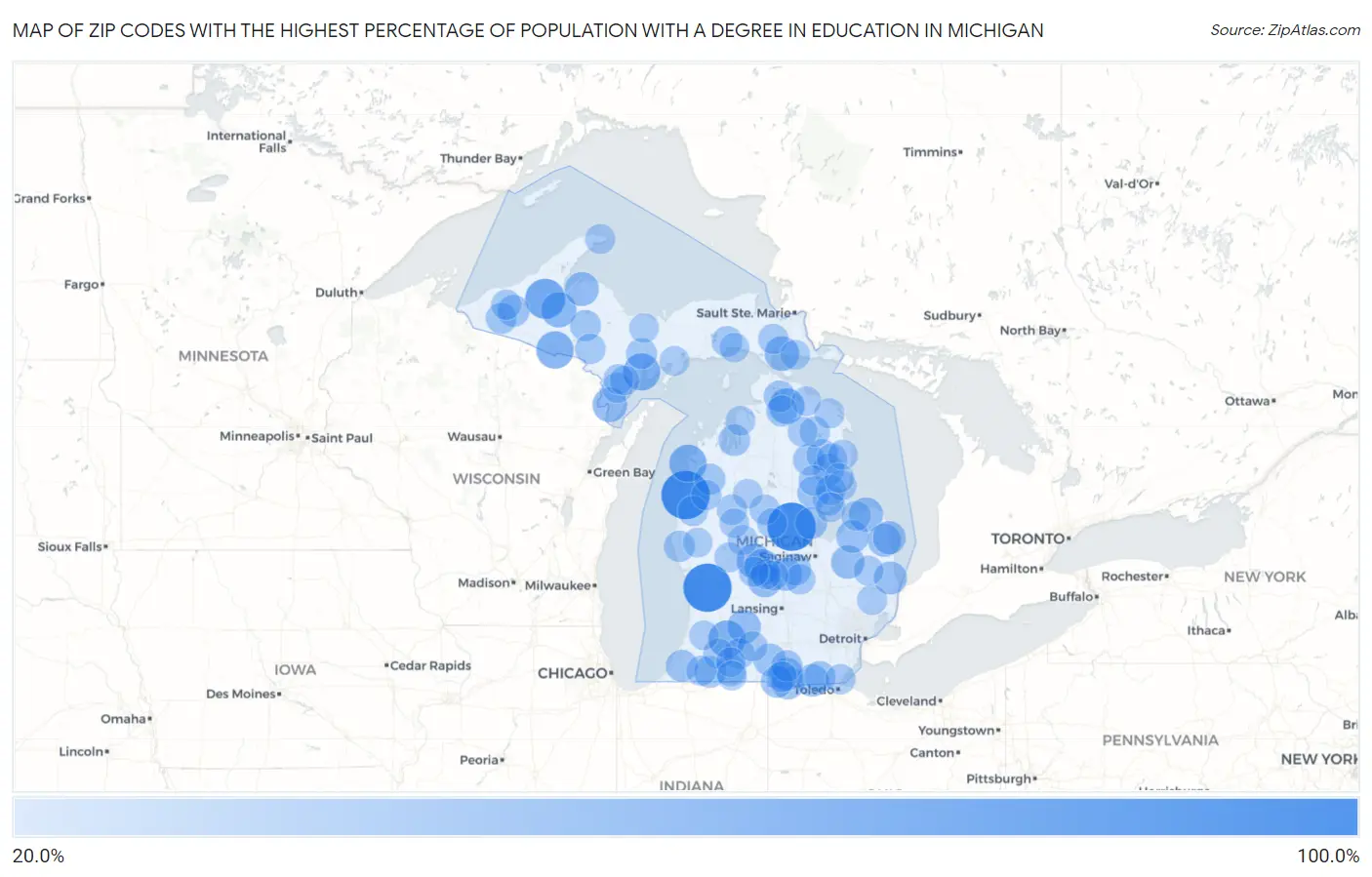 Zip Codes with the Highest Percentage of Population with a Degree in Education in Michigan Map