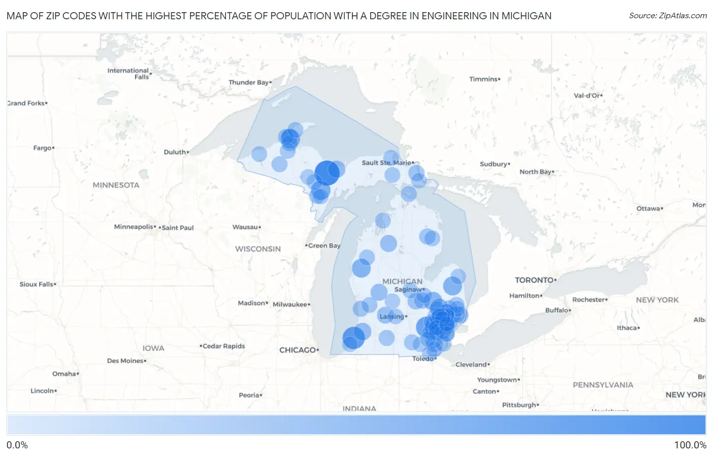 Zip Codes with the Highest Percentage of Population with a Degree in Engineering in Michigan Map