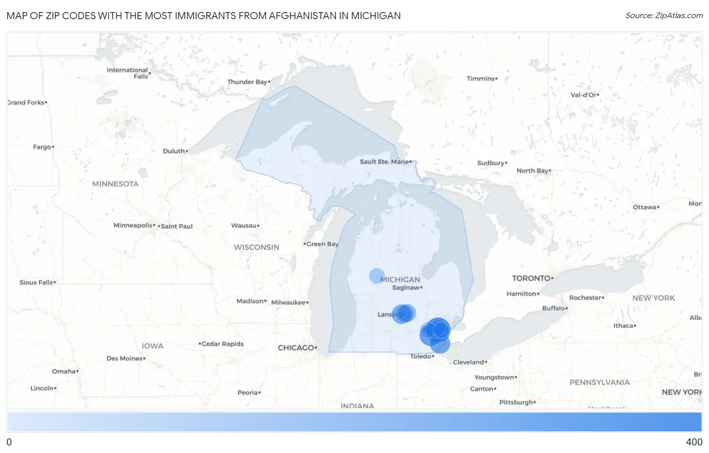 Zip Codes with the Most Immigrants from Afghanistan in Michigan Map