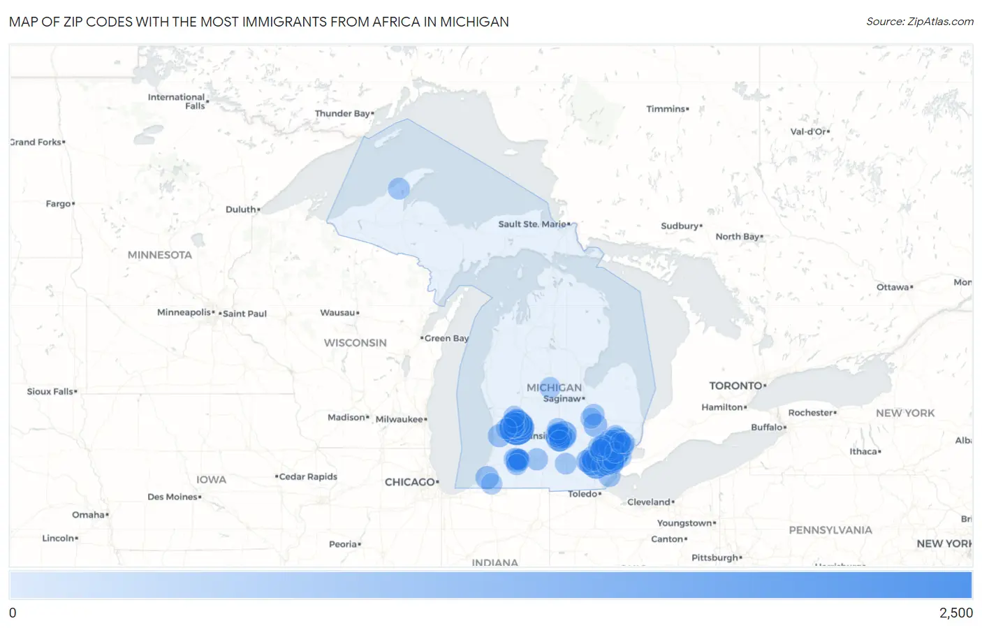 Zip Codes with the Most Immigrants from Africa in Michigan Map