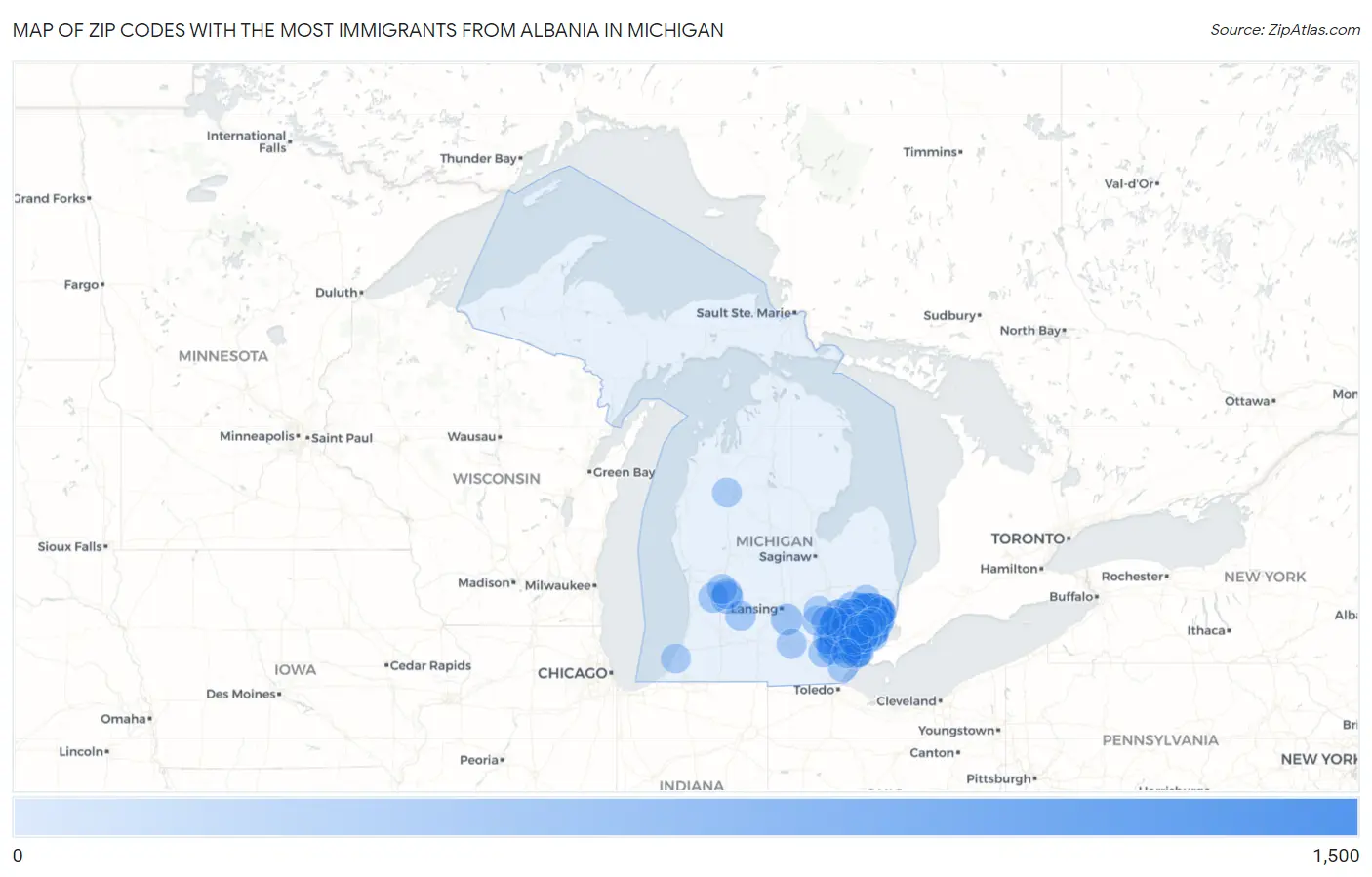 Zip Codes with the Most Immigrants from Albania in Michigan Map