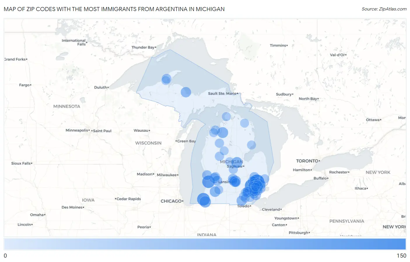 Zip Codes with the Most Immigrants from Argentina in Michigan Map
