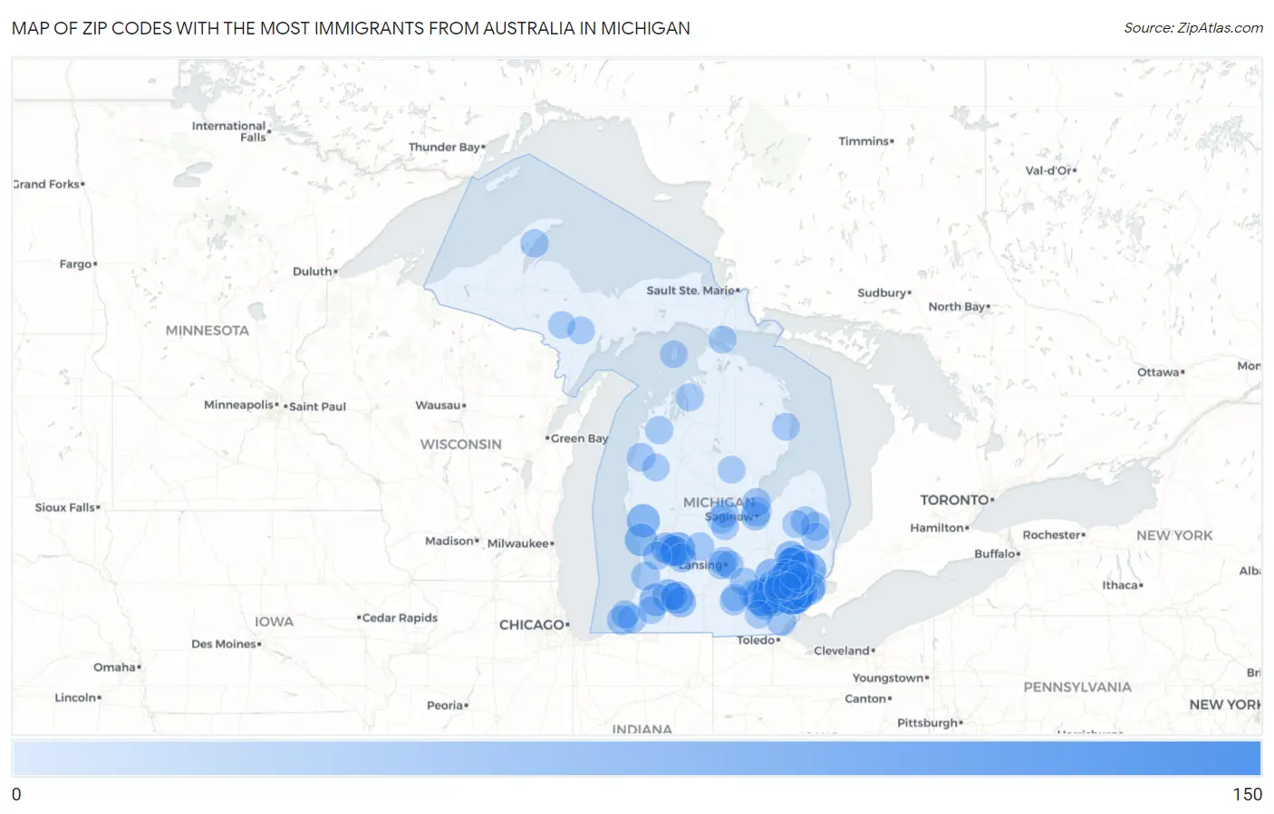 Zip Codes with the Most Immigrants from Australia in Michigan Map