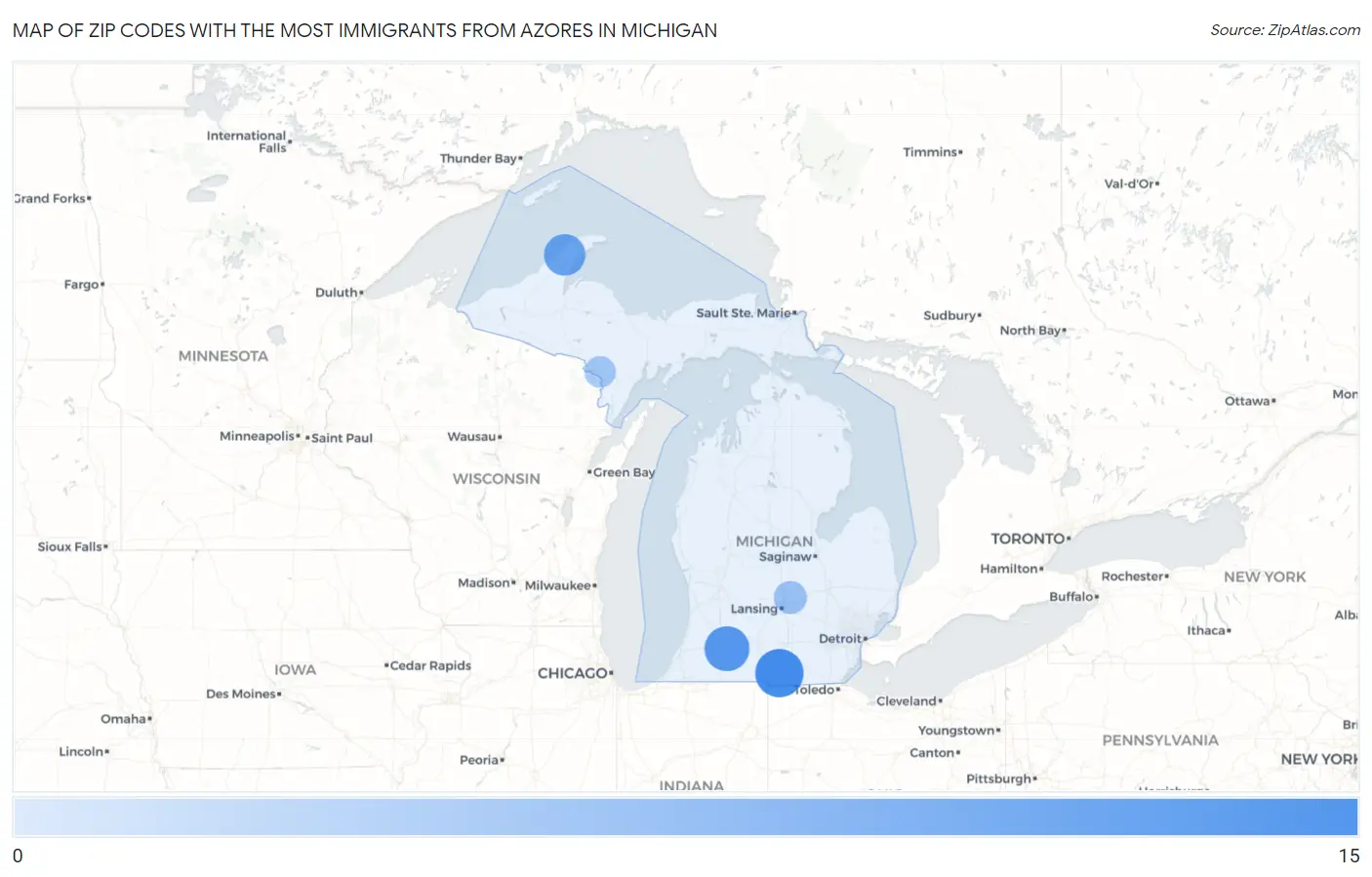 Zip Codes with the Most Immigrants from Azores in Michigan Map