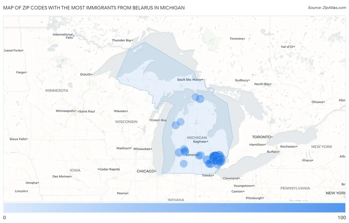 Zip Codes with the Most Immigrants from Belarus in Michigan Map