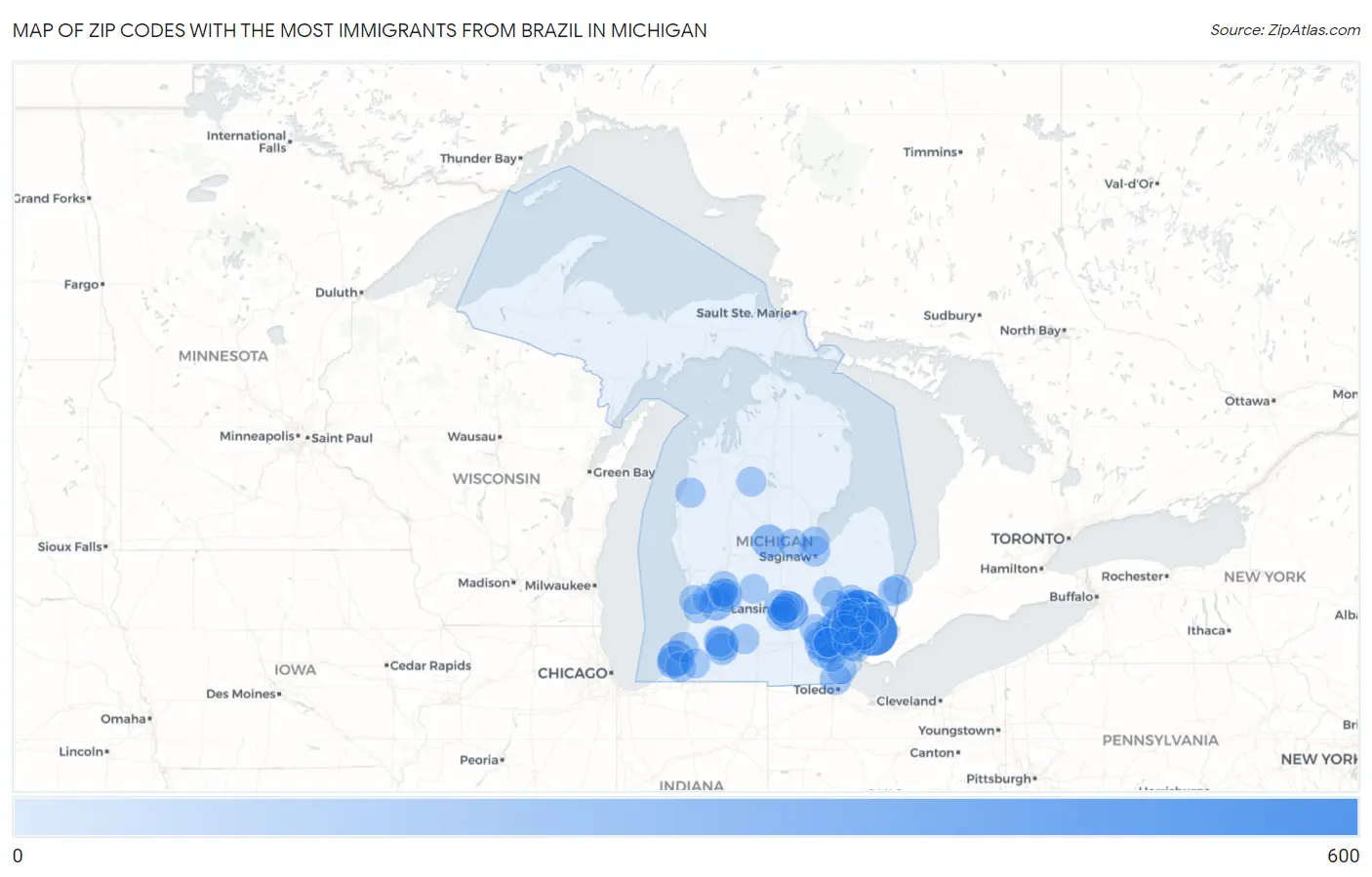 Zip Codes with the Most Immigrants from Brazil in Michigan Map