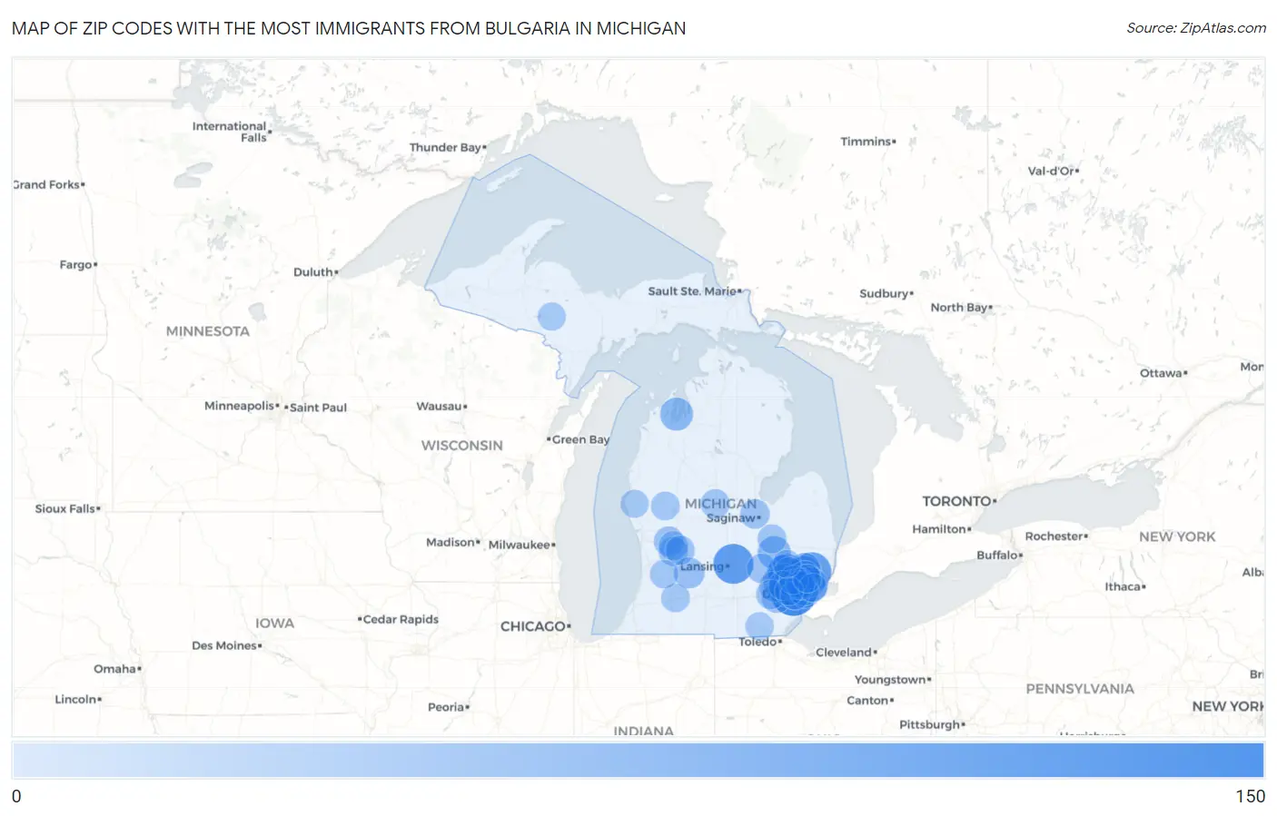 Zip Codes with the Most Immigrants from Bulgaria in Michigan Map