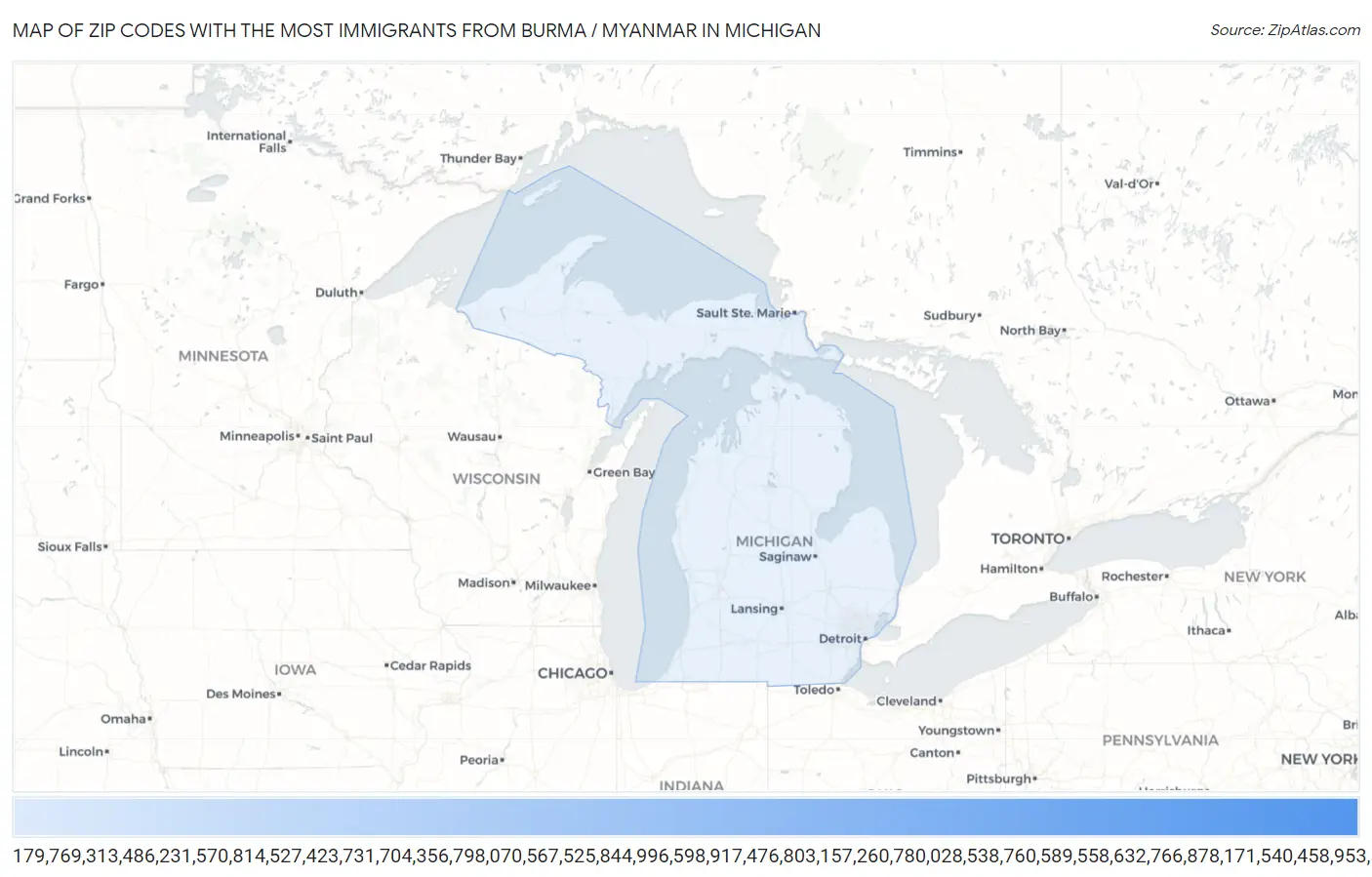 Zip Codes with the Most Immigrants from Burma / Myanmar in Michigan Map
