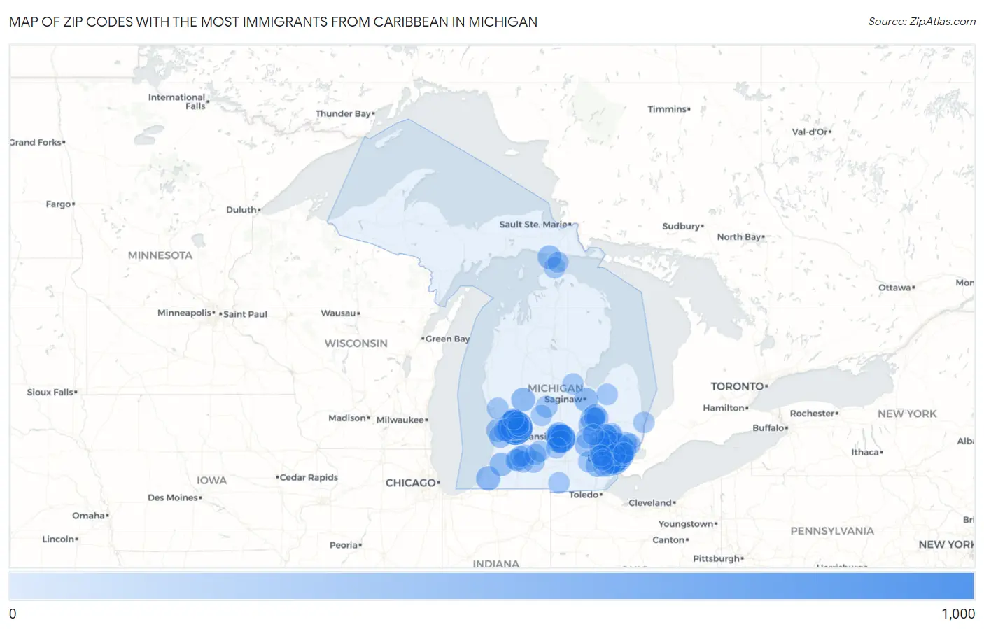 Zip Codes with the Most Immigrants from Caribbean in Michigan Map